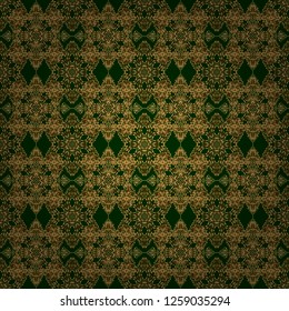 Luxury floral seamless pattern, button-tufted texture, ornate elements in vintage style. Vector illustration. Elegant golden ornament with gold stars, filigree decor on ornate green background.