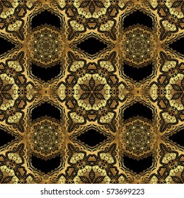 Luxury floral seamless pattern, button-tufted texture, ornate elements in vintage style. Vector illustration. Elegant golden ornament with gold stars, filigree decor on ornate black background.