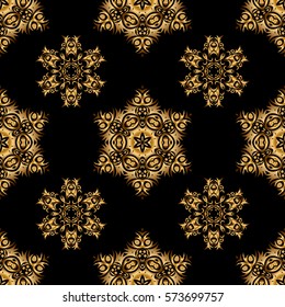 Luxury floral seamless pattern, button-tufted texture, ornate elements in vintage style. Vector illustration. Elegant golden ornament with gold stars, filigree decor on ornate black background.