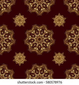 Luxury floral seamless pattern, button-tufted texture, ornate elements in vintage style. Vector illustration. Elegant golden ornament with gold stars, filigree decor on ornate brown background.
