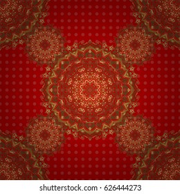 Luxury floral seamless pattern, button-tufted texture, ornate elements in vintage style. Vector illustration. Elegant golden ornament with gold stars, filigree decor on ornate red background.
