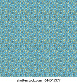 Luxury floral seamless pattern, button-tufted texture, ornate elements in vintage style. Vector illustration. Elegant golden ornament with gold stars, filigree decor on ornate blue background.