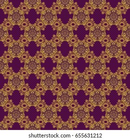 Luxury floral seamless pattern, button-tufted texture, ornate elements in vintage style. Vector illustration. Elegant golden ornament with gold stars, filigree decor on ornate purple background.