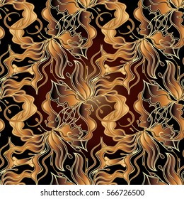 Luxury floral seamless pattern. Elegant dark background wallpaper illustration with vintage hand drawn gold 3d flowers,leaves and decorative stylish ornaments.Luxury vector fabric texture with shadows