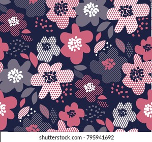 Luxury Floral Seamless Pattern With Geometric Texture In Deep Blue And Pale Pink Color. Abstract Spring Blossom Repitable Motif For Fabric Wrapping Paper, Web And Print Surface Design.