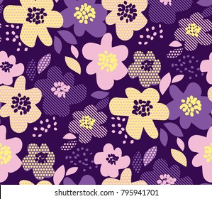 Luxury floral seamless pattern with geometric texture in deep violet and pale yellow color. Abstract spring blossom for fabric wrapping paper, web and print surface design.