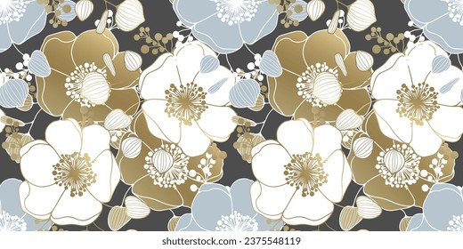 Luxury floral seamless pattern with gold, white and blue flowers, leaves and branches. Vector pattern for design of clothes, covers, wallpapers, various backgrounds and wrapping paper.