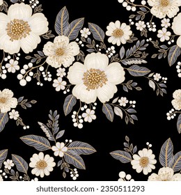 Luxury floral seamless pattern. Imitation of embroidery and jewelry. Golden pattern on black background. 