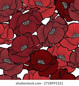 Estilo de arte de línea de patrón inconsútil floral de lujo. Fondo de Vector lineal de la pintura de la mano de las flores de amapolas. Diseño de Fondo de pantalla botánico de flor de amapola. Plantilla de impresión floral minimalista para el diseño textil y de la tela. No es IA