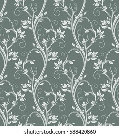 Luxury floral seamless pattern. Silver stems curl on dark background.