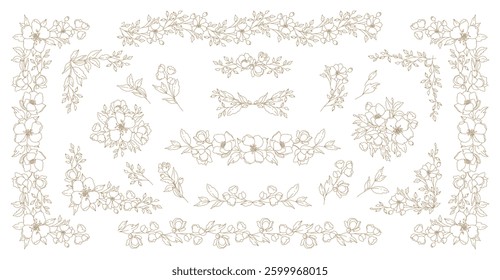 Luxury floral set line art frame, border, corner. Elegant bouquet of flowers, branches, leaves. Vector illustration with botanical decorative elements for greeting card, wedding decor