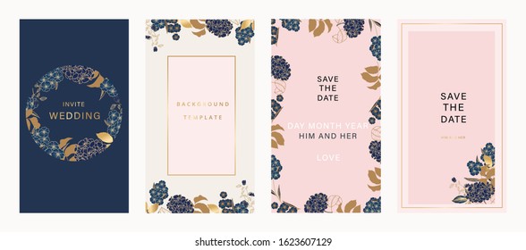 Luxury floral social Wedding Invitation set,  invite thank you, rsvp modern card Design greenery branches  decorative Vector elegant rustic screens template for mobile and social media