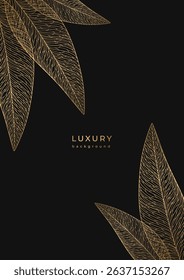 Luxury floral template with gold linear leaf epidermis texture. Pattern for wedding invitation. Black background with golden leaves