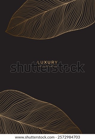 Luxury floral template with gold linear leaves texture. Black background with golden leaf veins. Botanical poster