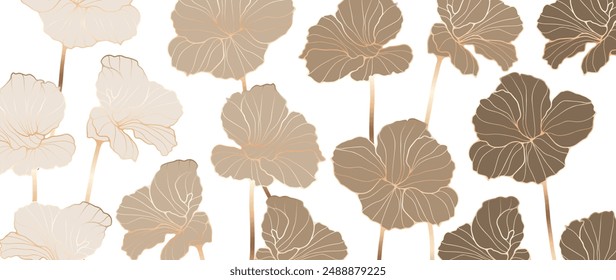 Luxury floral vector abstract background with golden flowers outlines.
