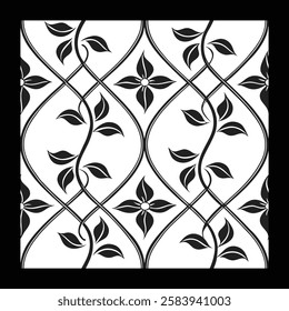 Luxury Floral Vector Pattern in Black and White | Decorative Geometric Tile for Fashion, Fabric, Interior and  Carpet | Timeless Ornamental Design with Classic Elegance and  Digital Art Aesthetics.