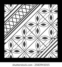 Luxury Floral Vector Pattern in Black and White | Decorative Geometric Tile for Fashion, Fabric, Interior and  Carpet | Timeless Ornamental Design with Classic Elegance and  Digital Art Aesthetics.