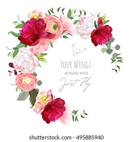 Luxury floral vector round frame with ranunculus, peony, rose, carnation, green plants on white. Pink, burgundy red and white flowers. Half moon shape bouquet. All elements are isolated and editable.