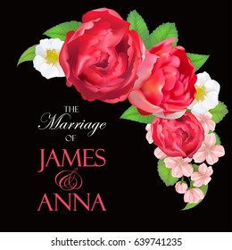 Luxury floral vector round frame with cherry flowers, peony rose, blooming strawberry, green plants. Pink, red and white flowers. Half moon shape bouquet. All elements are isolated and editable.