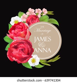 Luxury floral vector round frame with cherry flowers, peony rose, blooming strawberry, green plants. Pink, red and white flowers. Half moon shape bouquet. All elements are isolated and editable.