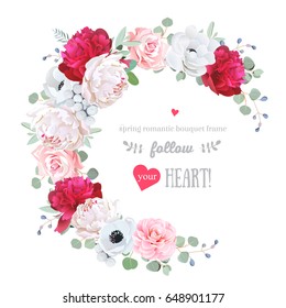 Luxury floral vector round frame with peony, rose, camellia, anemone, eucalyptus, brunia on white. Pink, burgundy red and white flowers. Half moon shape bouquet. All elements are isolated and editable