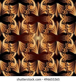 Luxury floral vector seamless pattern background wallpaper with vintage decorative brown gold greek volumetric 3d ornaments and flowers,  Decor elements with shadows and highlights,  Endless texture