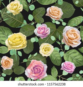 Luxury floral vector watercolor background with colored roses and twigs of eucalyptus. For wedding invitations, postcards, mother's day, birthday, wallpaper, fabrics
