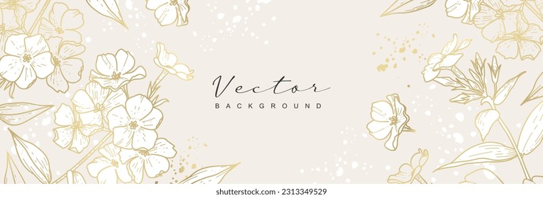 Lujoso tapiz floral con arte en línea dorada. Bonito fondo con flores elegantes. Diseño de vectores para tarjeta de boda, decoración de casa, impresión, portada, banner, anuncio, invitación