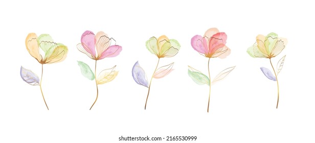 Floral de lujo con elemento vector de textura acuarela. Conjunto de arte de línea dorada, flor dibujada a mano, acuarela colorida. Flor y hojas colección de diseño para ramos, decoración, invitación, boda.