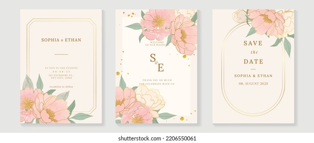 Luxury floral wedding invitation card template. Pink watercolor card with leaf branch, flowers, roses, gold line art. Elegant blossom rose vector design suitable for banner, cover, invitation.