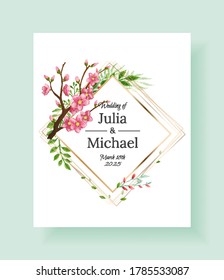 Luxury floral wedding invitation design or greeting card template with sakura branch and flowers