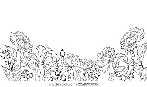 Luxury flower gold line art wallpaper. Elegant botanical pale pink PEONY flowers and decor background. Design illustration for decorative, wedding cards, home decor, packaging, print, cover, banner.