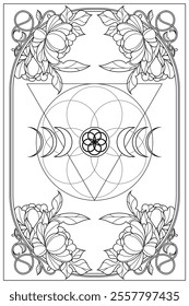 Luxury flower of life in triple moon sacred geometry art nouveau style illustration. Tarot deck design. Romantic esoteric vector art with flowers.