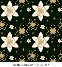 Luxury flower seamless pattern. Golden flowers on dark background. Elegant flower vector illustration for print, package design, wrapping, textile. Flower pattern for decoration