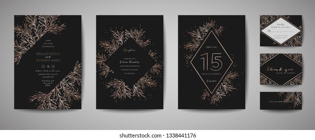 Luxury Flower Vintage Wedding Save the Date, Invitation Floral Cards Collection with Gold Foil Frame. Vector trendy cover, graphic poster, retro brochure, design template