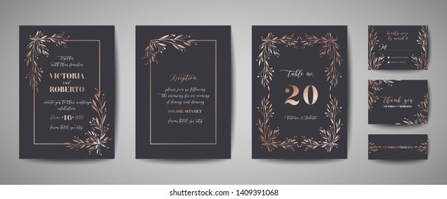 Luxury Flower Vintage Wedding Save the Date, Invitation Floral Cards Collection with Gold Foil Frame. Vector trendy cover, graphic poster, retro brochure, design template