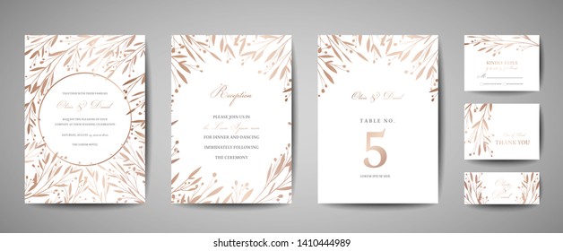 Luxury Flower Vintage Wedding Save the Date, Invitation Floral Cards Collection with Gold Foil Frame. Vector trendy cover, graphic poster, retro brochure, design template