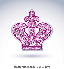 Luxury flower-patterned crown with Christianity cross, emperor accessory. Royal and spiritual art graphic vector design element. Religion theme.