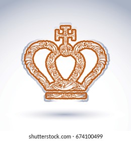 Luxury flower-patterned crown with Christianity cross, emperor accessory. Royal and spiritual art graphic vector design element. Religion theme.

