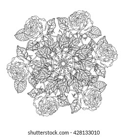 luxury flowers bouquet in shape of mandala for adult coloring book or for zen art therapy anti stress drawing. Hand-drawn, vector, uncolored detailed mandala, for coloring book, t-shirt poster design