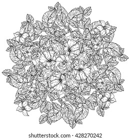 luxury flowers bouquet in shape of mandala for adult coloring book or for zen art therapy anti stress drawing. Hand-drawn, vector, uncolored detailed mandala, for coloring book, t-shirt poster design