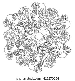 luxury flowers bouquet in shape of mandala for adult coloring book or for zen art therapy anti stress drawing. Hand-drawn, vector, uncolored detailed mandala, for coloring book, t-shirt poster design