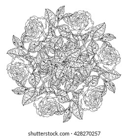 luxury flowers bouquet in shape of mandala for adult coloring book or for zen art therapy anti stress drawing. Hand-drawn, vector, uncolored detailed mandala, for coloring book, t-shirt poster design