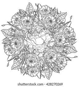 luxury flowers bouquet in shape of mandala for adult coloring book or for zen art therapy anti stress drawing. Hand-drawn, vector, uncolored detailed mandala, for coloring book, t-shirt poster design