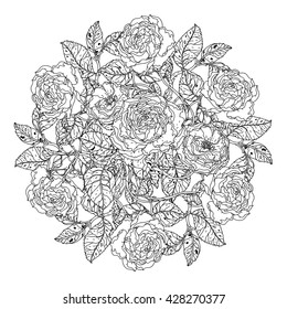 luxury flowers bouquet in shape of mandala for adult coloring book or for zen art therapy anti stress drawing. Hand-drawn, vector, uncolored detailed mandala, for coloring book, t-shirt poster design