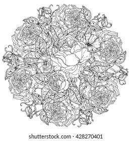 luxury flowers bouquet in shape of mandala for adult coloring book or for zen art therapy anti stress drawing. Hand-drawn, vector, uncolored detailed mandala, for coloring book, t-shirt poster design