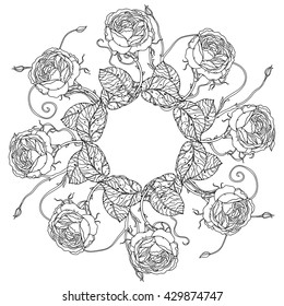 luxury flowers bouquet in shape of mandala for adult coloring book or for zen art therapy drawing. Hand-drawn, vector, floral, very detailed, contoured, coloring book style.