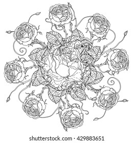 luxury flowers bouquet in shape of mandala for adult coloring book or for zen art therapy drawing. Hand-drawn, vector, floral, very detailed, contoured, coloring book style.