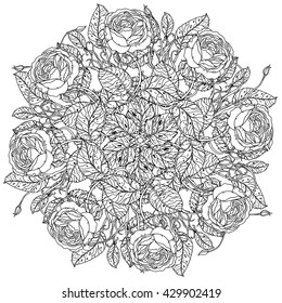 luxury flowers bouquet in shape of mandala for adult coloring book or for zen art therapy drawing. Hand-drawn, vector, floral, very detailed, contoured, coloring book style.