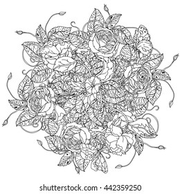 luxury flowers bouquet in shape of mandala for adult coloring book or for zen art therapy anti stress drawing. Hand-drawn, vector, uncolored detailed mandala, for coloring book, t-shirt poster design